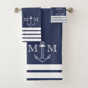 Conjunto De Toalhas Âncora Naval Náutica Monograma Nome Banho Para