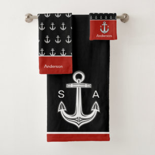 Conjunto De Toalhas Ângulo Monograma, Preto Náutico, Branco, Vermelho