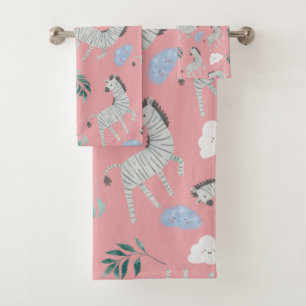 Conjunto De Toalhas Animais-safari-zebra-menina-rosa na selva