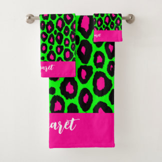 Conjunto De Toalhas Animal print leopard neon green & custom name