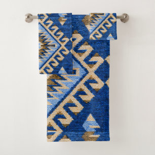 Conjunto De Toalhas Antiga Vintage Oriental Blue Beige Kilim Turco