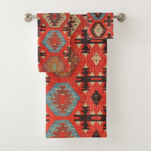 Conjunto De Toalhas Antigo Kilim Turco Vermelho Queimado Vintage