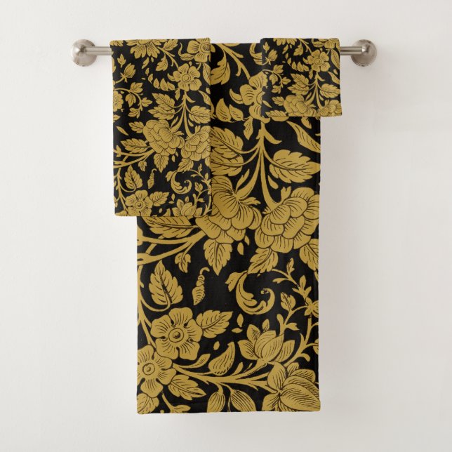 Conjunto De Toalhas Antique Gold Floral Indian Lac-work Black Pattern (Insitu)
