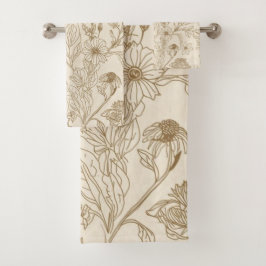 Conjunto De Toalhas Antique Sepia Botanical Line Art Floral Pattern