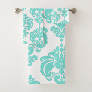Conjunto De Toalhas Aqua Azul Teal & Branco Glam Real Damasco