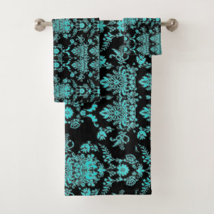 Conjunto De Toalhas Aqua Damask on Black Bath Totoset
