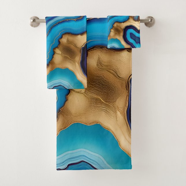 Conjunto De Toalhas Aqua Dourada Azul Veias Púrpuras Agate (Insitu)