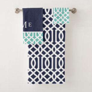 Conjunto De Toalhas Aqua e Marinho Trellis Monograma