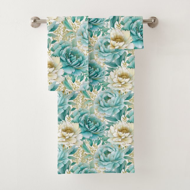 Conjunto De Toalhas Aqua Mint White Floral (Insitu)