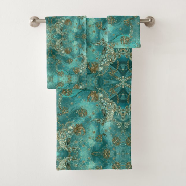 Conjunto De Toalhas Aqua Pearlescent & Gold Mermaid Scale Pattern  (Insitu)