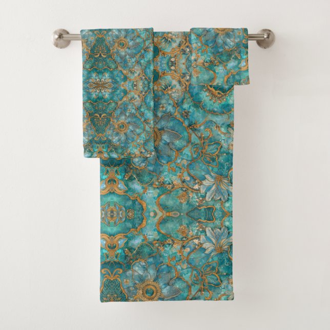 Conjunto De Toalhas Aqua Pearlescent & Gold Mermaid Scale Pattern  (Insitu)