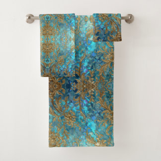 Conjunto De Toalhas Aqua Pearlescent & Gold Mermaid Scale Pattern 