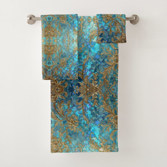 Conjunto De Toalhas Aqua Pearlescent & Gold Mermaid Scale Pattern  (Insitu)