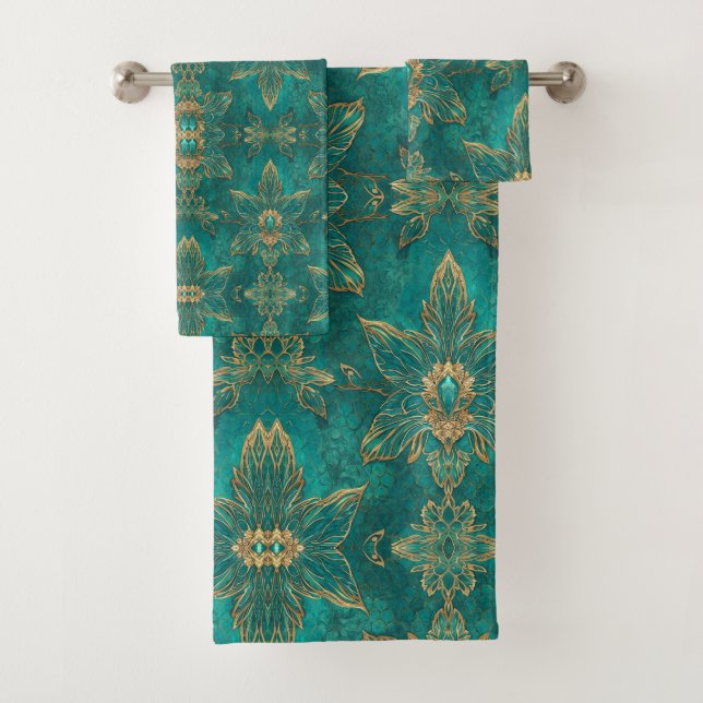 Conjunto De Toalhas Aqua Pearlescent & Gold Mermaid Scale Pattern  (Insitu)