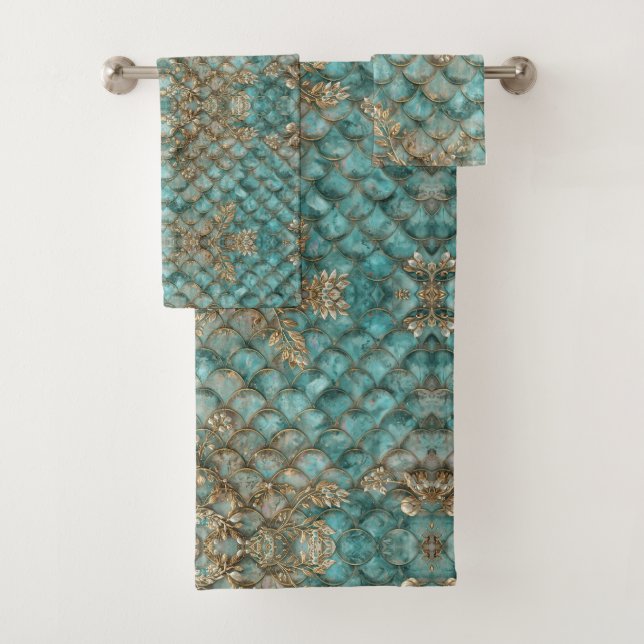 Conjunto De Toalhas Aqua Pearlescent & Gold Mermaid Scale Pattern  (Insitu)