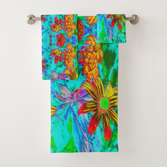 Conjunto De Toalhas Aqua Tropical com Flores Amarelas e Laranja (Insitu)