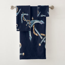 Conjunto De Toalhas Aquarela Âncoras Azul Marinho
