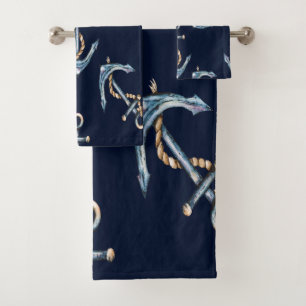 Conjunto De Toalhas Aquarela Âncoras Azul Marinho