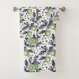 Conjunto De Toalhas aquarela esboçada com detalhes das folhas verdes,