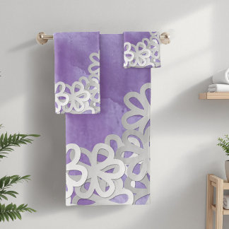 Conjunto De Toalhas Aquarela Roxa e Flores Brancas