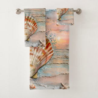 Conjunto De Toalhas Aquarela Tranquila de Mariscos de Pêssego e Laranj