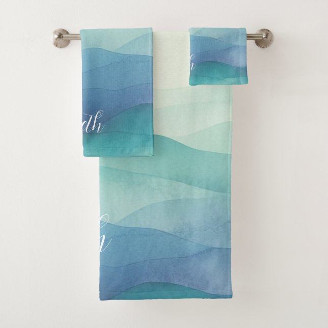 Conjunto De Toalhas Aquarela Turquesa Marinho Azul Ombro Cor da Água (Insitu)