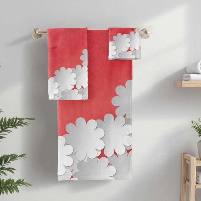 Conjunto De Toalhas Aquarela Vermelha e Flores Brancas (Criador carregado)