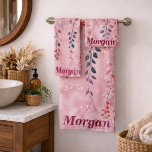 Conjunto De Toalhas Aquarela Vinhas Elegantes com Fundo Rosa