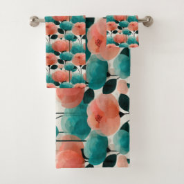 Conjunto De Toalhas Aquarela Vintage Floral Rosa e Verde