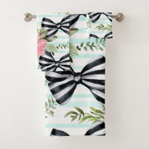 CONJUNTO DE TOALHAS ARCOS PRETOS E BRANCOS E FLORES DE TINTA GRANDE
