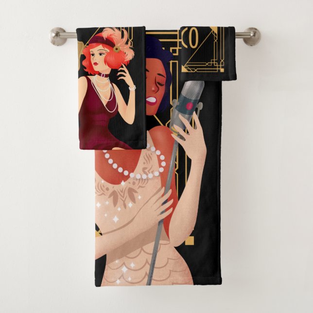 Conjunto De Toalhas Art Deco 1920 Glam Damas Douradas Pretas (Insitu)