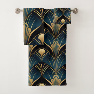 Conjunto De Toalhas Art Deco Black Blue e Dourado simétrico