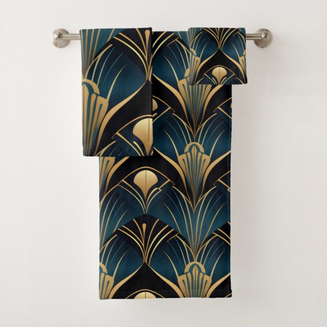 Conjunto De Toalhas Art Deco Black Blue e Dourado simétrico (Insitu)