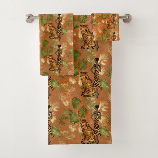 Conjunto De Toalhas Art Deco Copper Green Tiger Lady (Insitu)