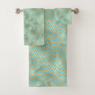 Conjunto De Toalhas Art Deco Diamantes Padrão, Teal e Dourado