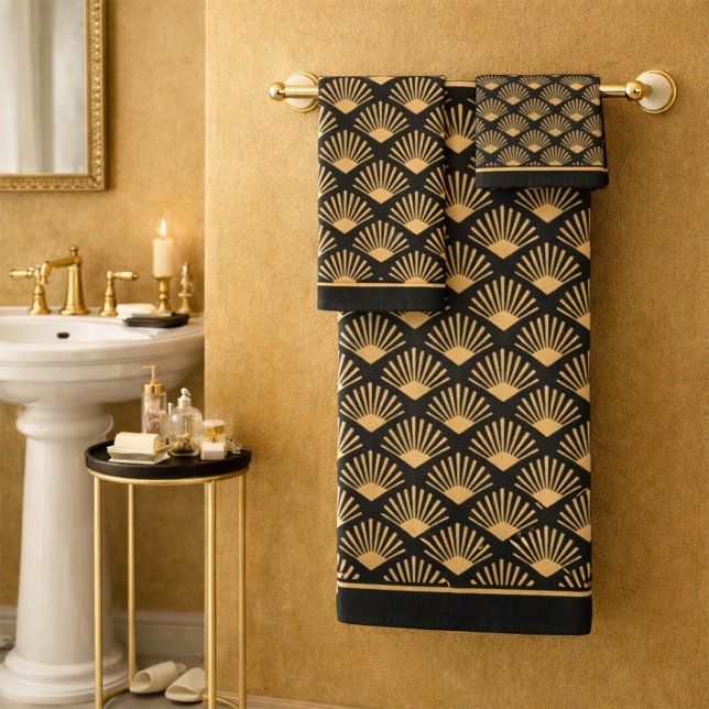 Conjunto De Toalhas Art Deco em Ouro Padrão de Leque Marrom Escuro (Criador carregado)