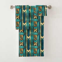 Conjunto De Toalhas Art Deco Geometric Arrows, Gold and Turquoise