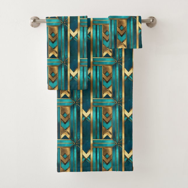 Conjunto De Toalhas Art Deco Geometric Arrows, Gold and Turquoise (Insitu)