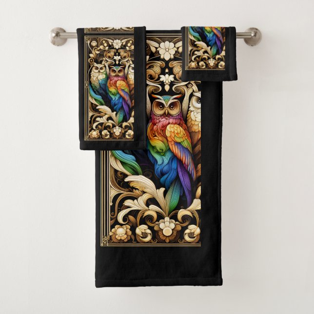 Conjunto De Toalhas Art Deco Rainbow Owl (Insitu)