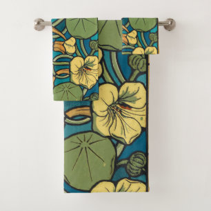 Conjunto De Toalhas Art Nouveau Nasturtium Azul Dourado floral Verneui
