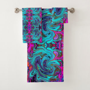 Conjunto De Toalhas Arte Abstrata Retro Groovy Azul Aquático e Preto
