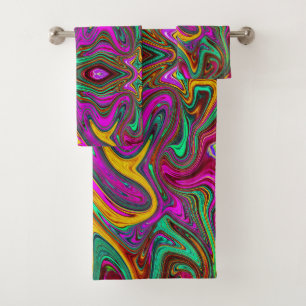 Conjunto De Toalhas Arte Abstrata Rosa Quente Marmorizada e Verde Espu