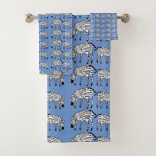 Conjunto De Toalhas Arte Africana, Zebras Quenianas e Padrão Azul