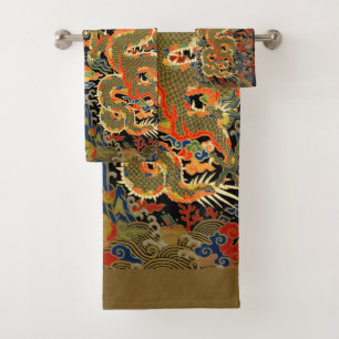 Conjunto De Toalhas Arte Asiática de Impressão Têxtil de Dragão Chinês