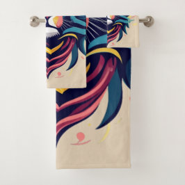 Conjunto De Toalhas Arte de Cabeça de Leão Abstrata