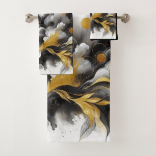 Conjunto De Toalhas Arte de IA Abstrata Dourada e Preta