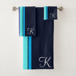 Conjunto De Toalhas Arte de Linha Monogramada em Cursiva Azul Clássica