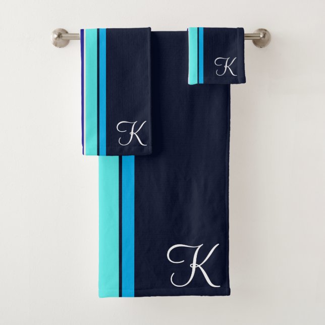 Conjunto De Toalhas Arte de Linha Monogramada em Cursiva Azul Clássica (Insitu)