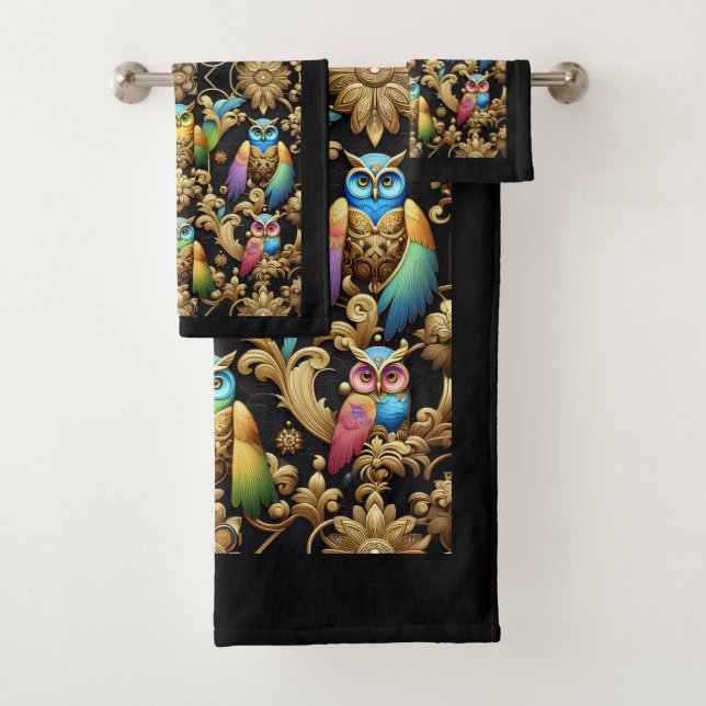 Conjunto De Toalhas Arte Deco Coruja Arco-íris (Insitu)
