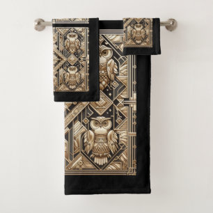 Conjunto De Toalhas Arte Deco Coruja Preta e Dourada